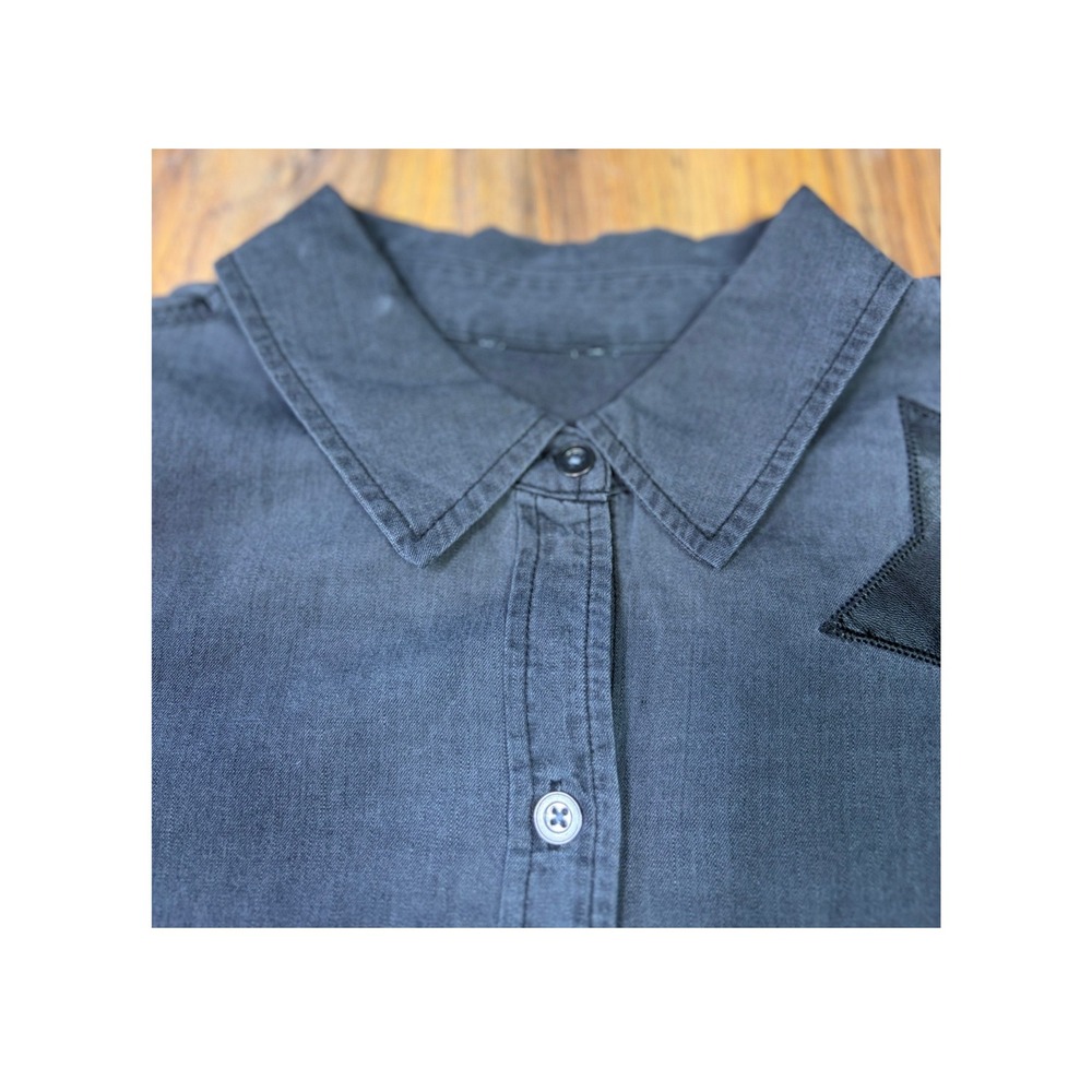 Unbranded Gray Star Patch Button Down Oversized Western Streetwear Shirt Top‎ - Picture 4 of 7